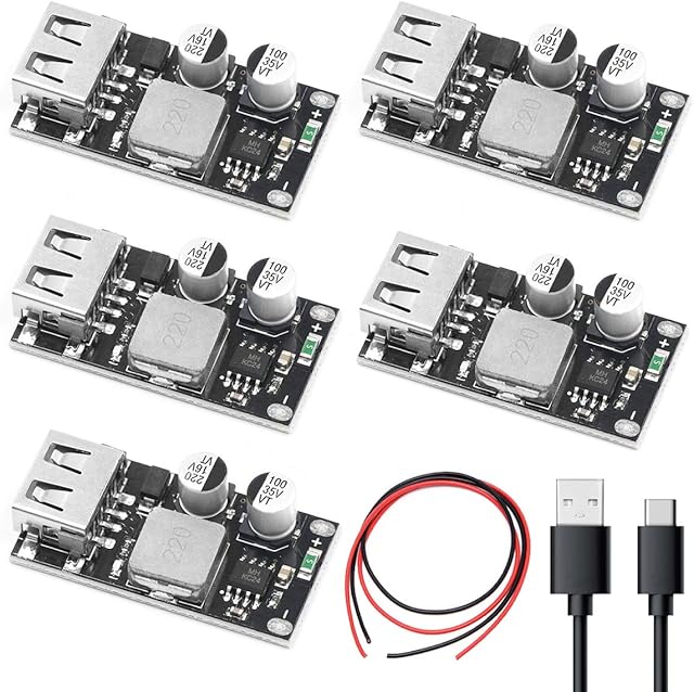 Youmile 5PCS DC-DC USB Buck Converter Step-Down Module 6-32V 12V 24V to 5V QC 3.0 Charging Module Voltage Regulator Power Supply Module with 24AWG Wire, USB Type C Cable