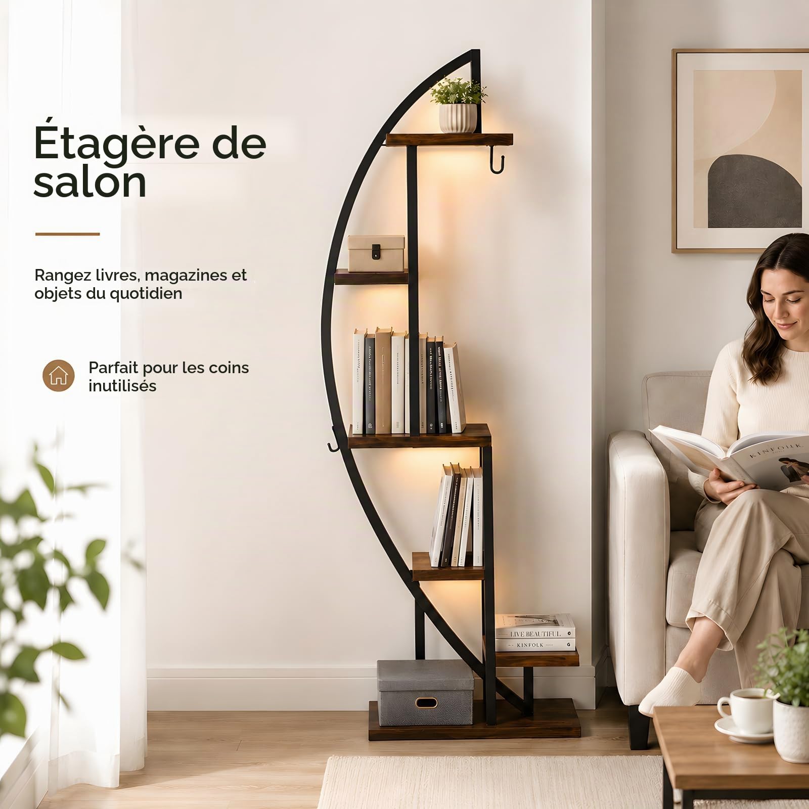 Étagère d'angle Industrielle avec Lumière LED Plantes – Meuble d'angle Gain de Place Étroit, Bibliothèque Demi-Lune Bois et Métal pour Coin Salon, Entrée ou Chambre, Hauteur 160 cm