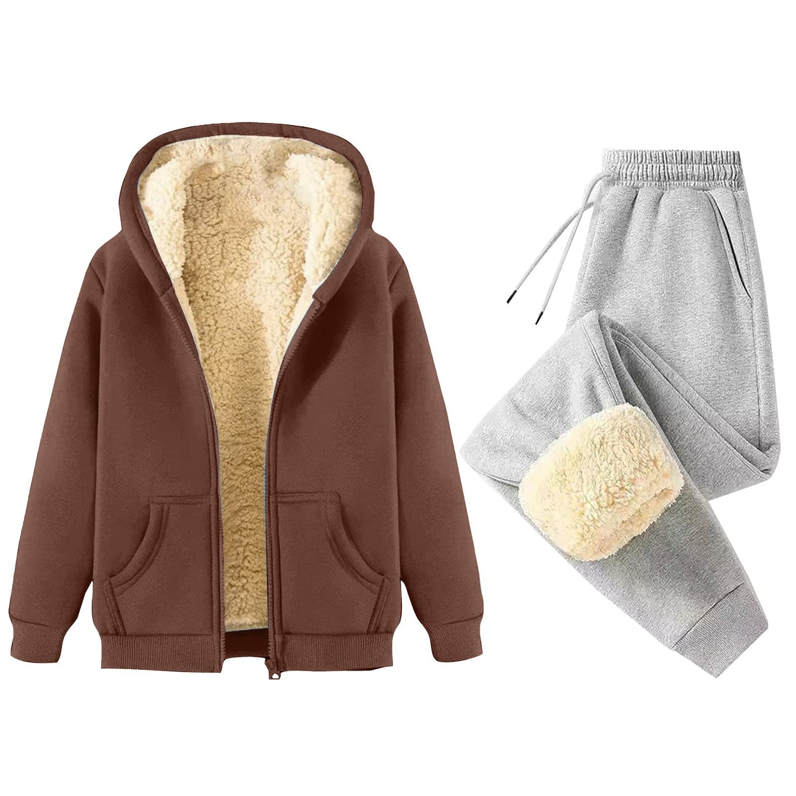 Completo sportivo da donna con giacca, tuta da jogging da donna, in cotone caldo | Tuta sportiva con cappuccio e cerniera, per l'inverno, foderata, morbida, in due pezzi