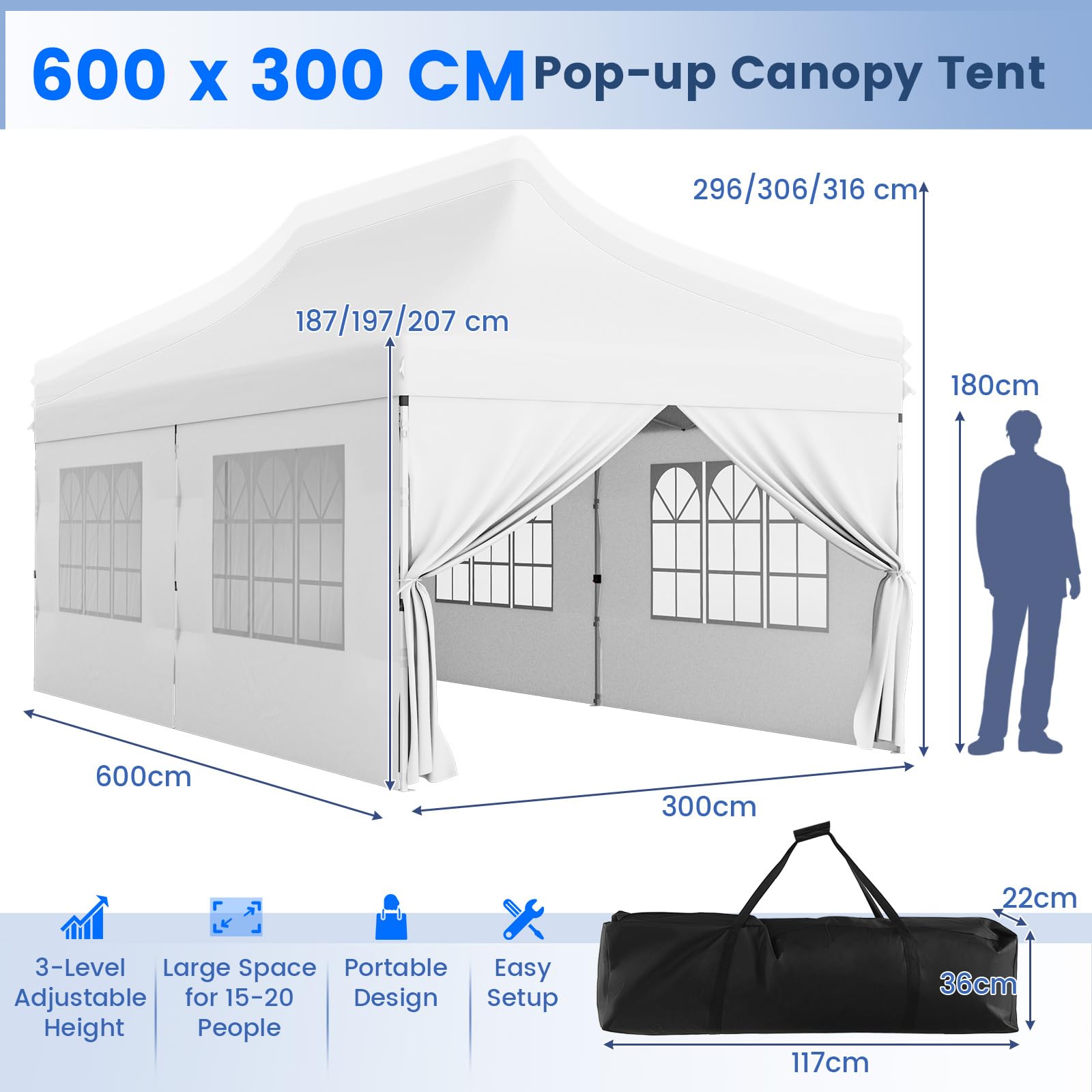RELAX4LIFE Tonnelle Pliante 3x6 Imperméable avec 6 Parois Amovibles, Barnum Pliant 3x6, Hauteur Réglable, Portes Zippées, Tente de Réception Anti-UV, Sac Transport, Montage sans Outil