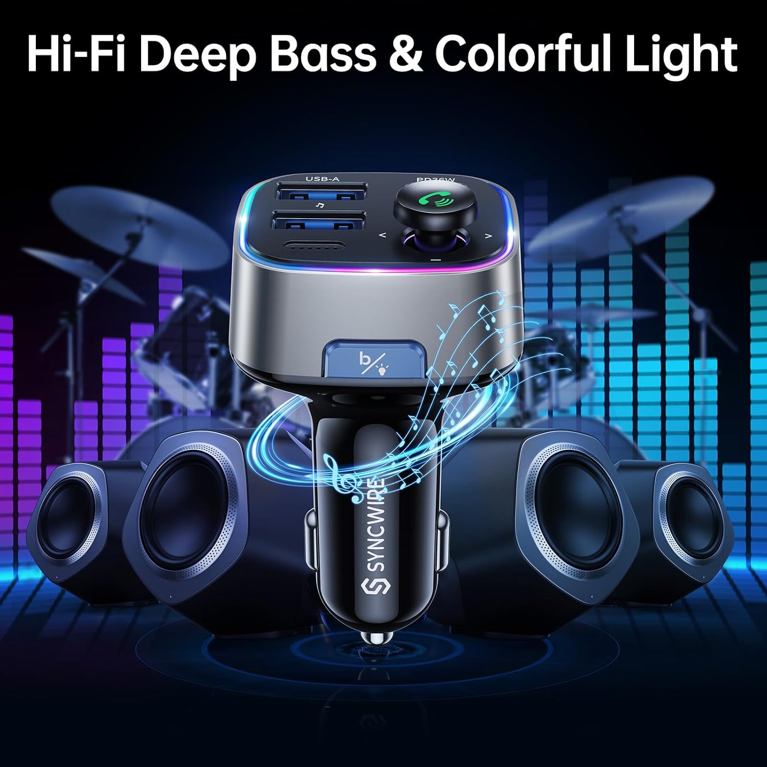 Syncwire FM Transmitter with colorful ambient light and musical notes indicating deep bass sound.