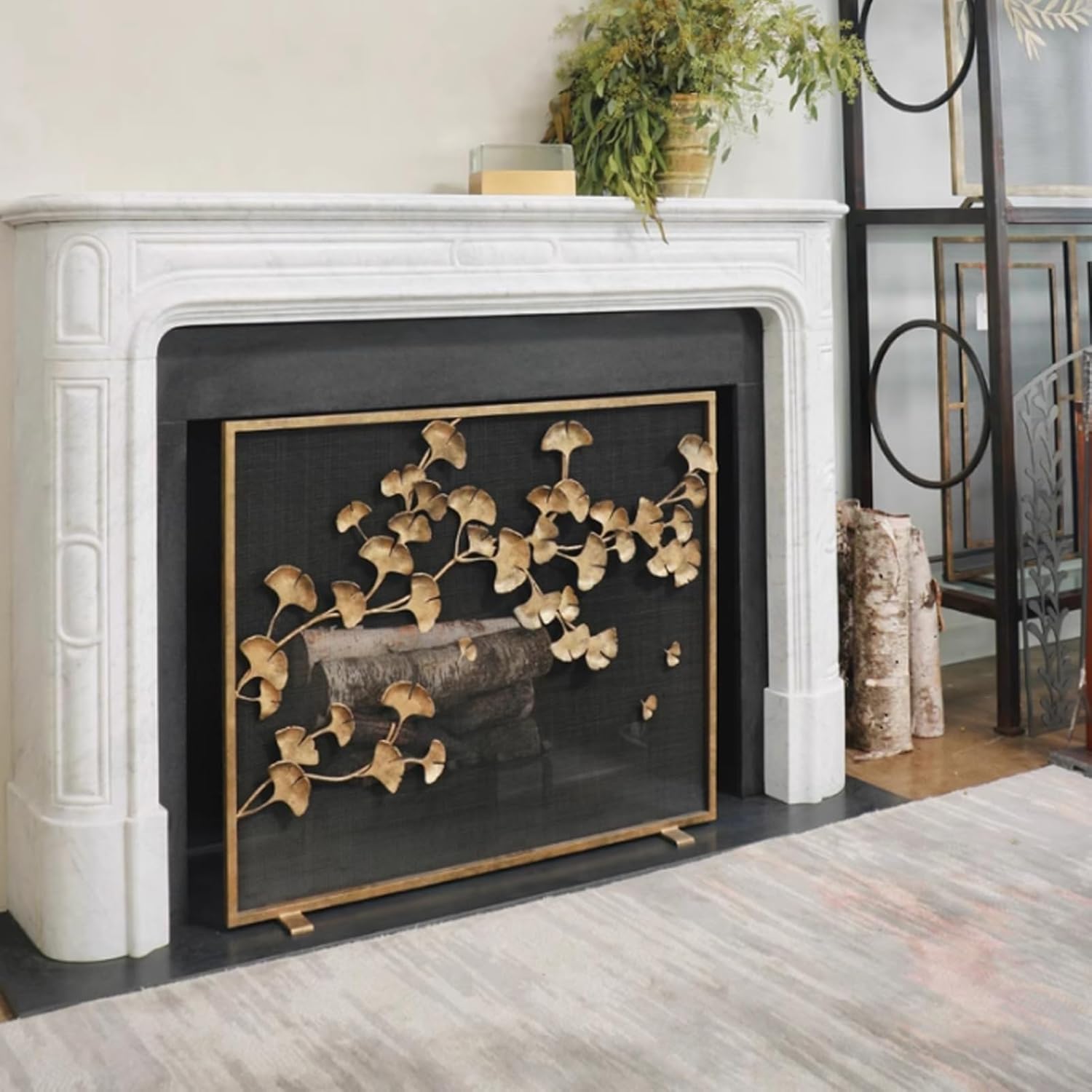 JKGHK Indoor Fireplace Screen, Handcrafted Wrought Iron Fire Spark Guard, Carved Single Panel Fire Partition Screen, Free Standing Fireplace Spark Guard Mesh Cover(Gold)