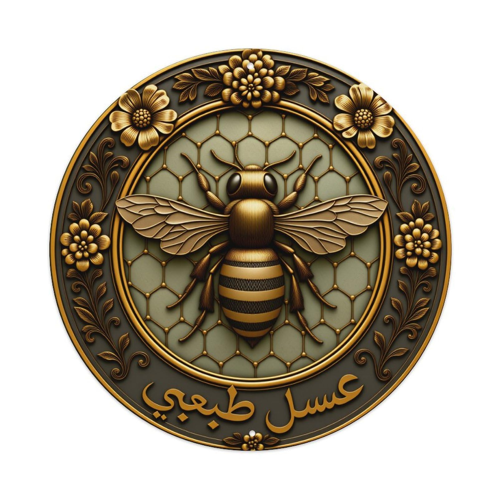 Golden Bee Honeycomb Floral Emblem Round Tin Sign Vintage Style Metal Sign Home Bar Garden Wall Plaque Decor Metal Poster 8x8 Inch