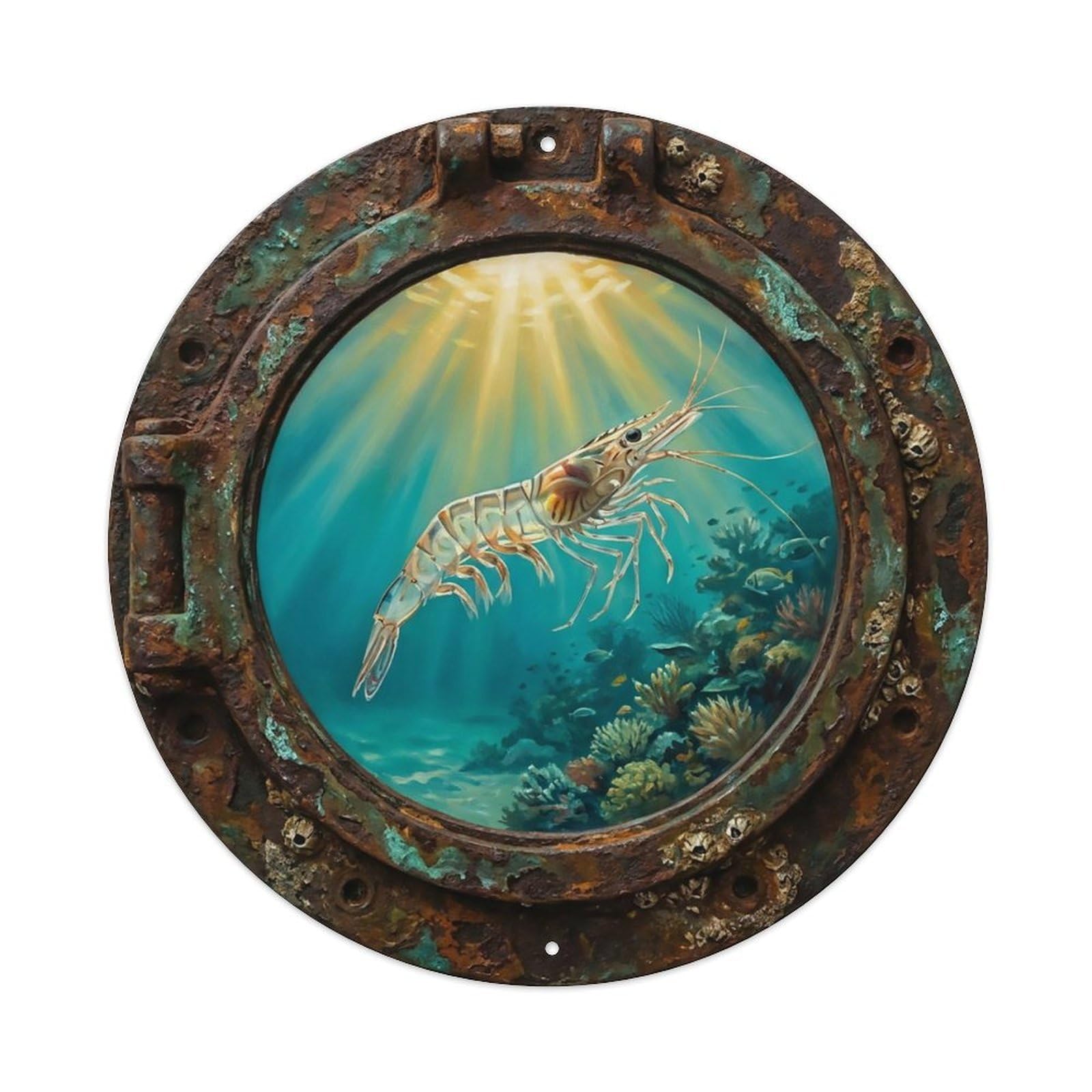 Vintage Porthole Shrimp Transparent Ship Window Undersea Deep Sea Metal Tin Sign