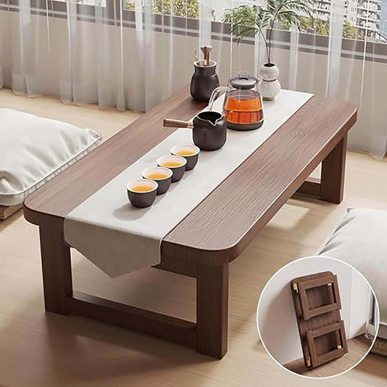 SXZenSpace Japanese Style Low Table for Floor Seating Wooden Folding Coffee Space Saving Compact Side Height Living Room Desk Walnut Finish 60x40x40cm