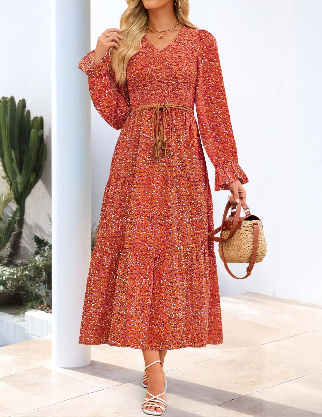 ZESICA Womens Floral Boho Maxi Dress 2026 Spring Summer Casual Long Sleeve V Neck A Line Flowy Wedding Guest Dresses - Image 4