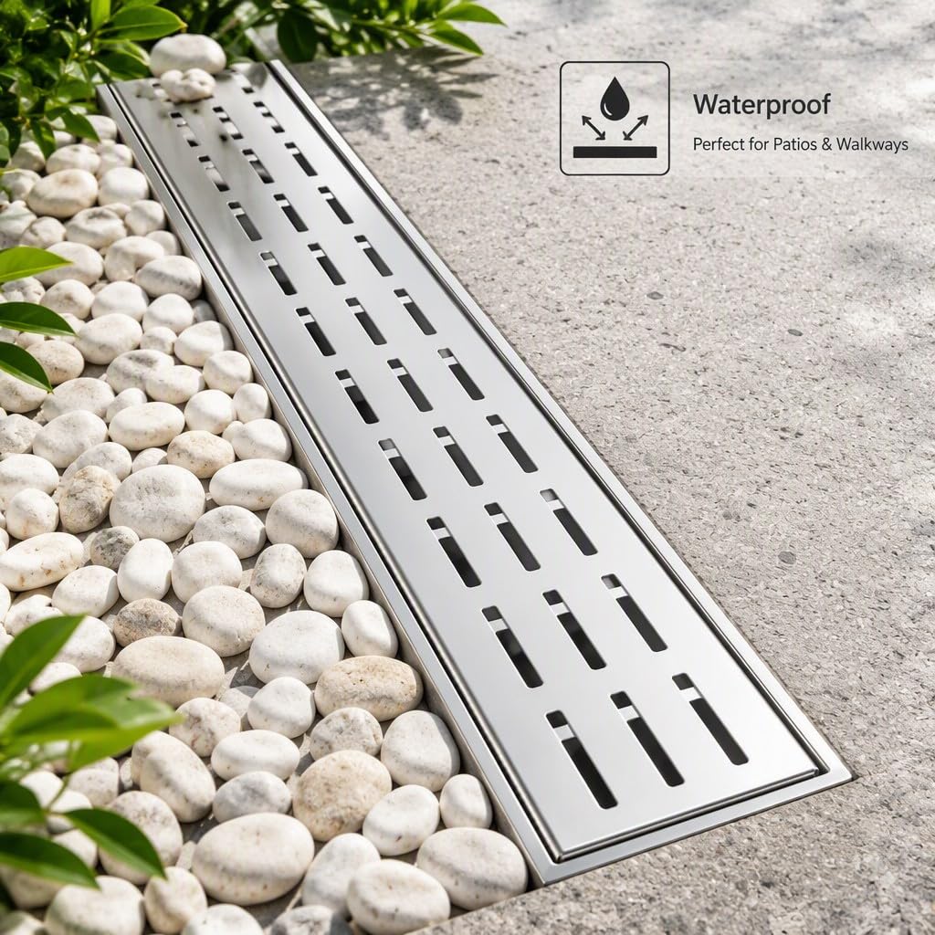 Mini sistema de canal de drenaje de acero inoxidable con rejilla extraíble para suelos de hormigón, aceras, patios, 1 m / 3.3ft, 5 x 5 cm