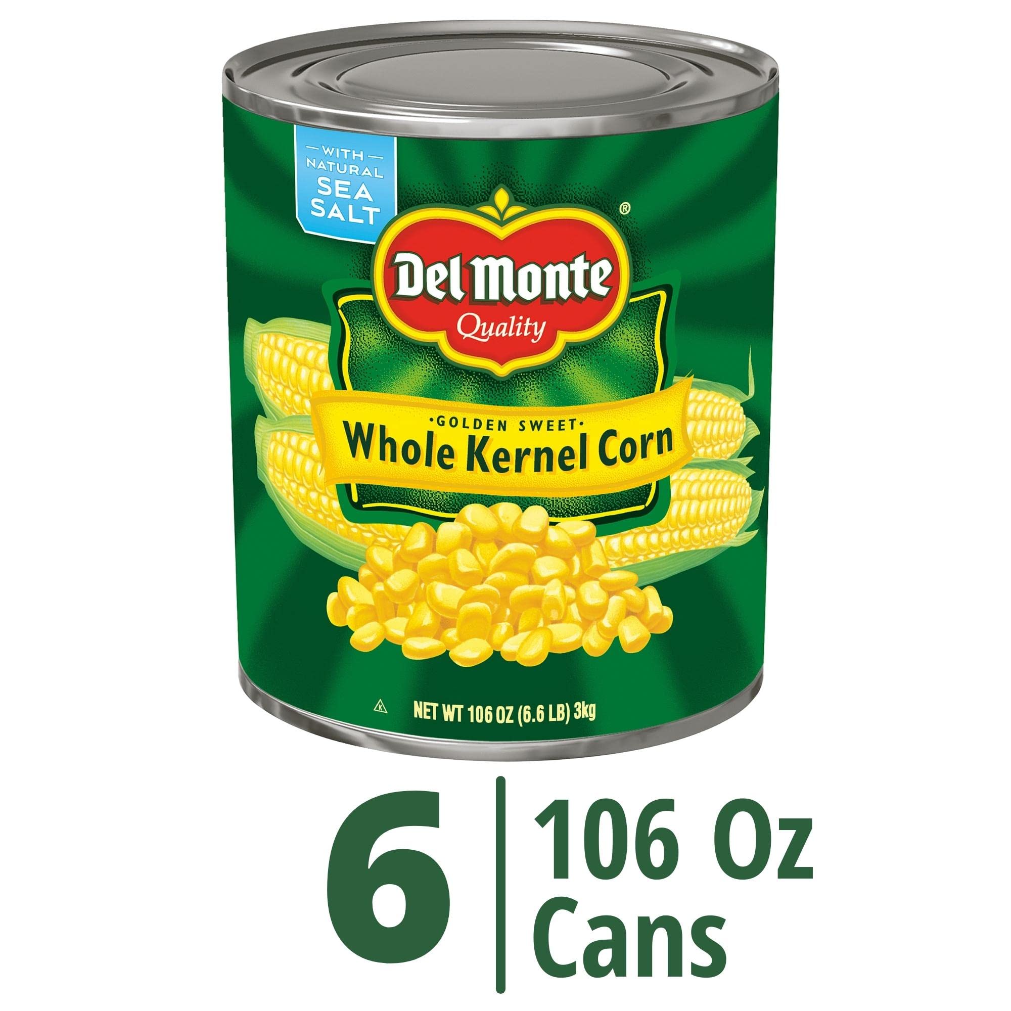 DEL MONTE Golden Sweet Whole Kernel Corn, Canned Vegetables, 6 Pack, 106 oz