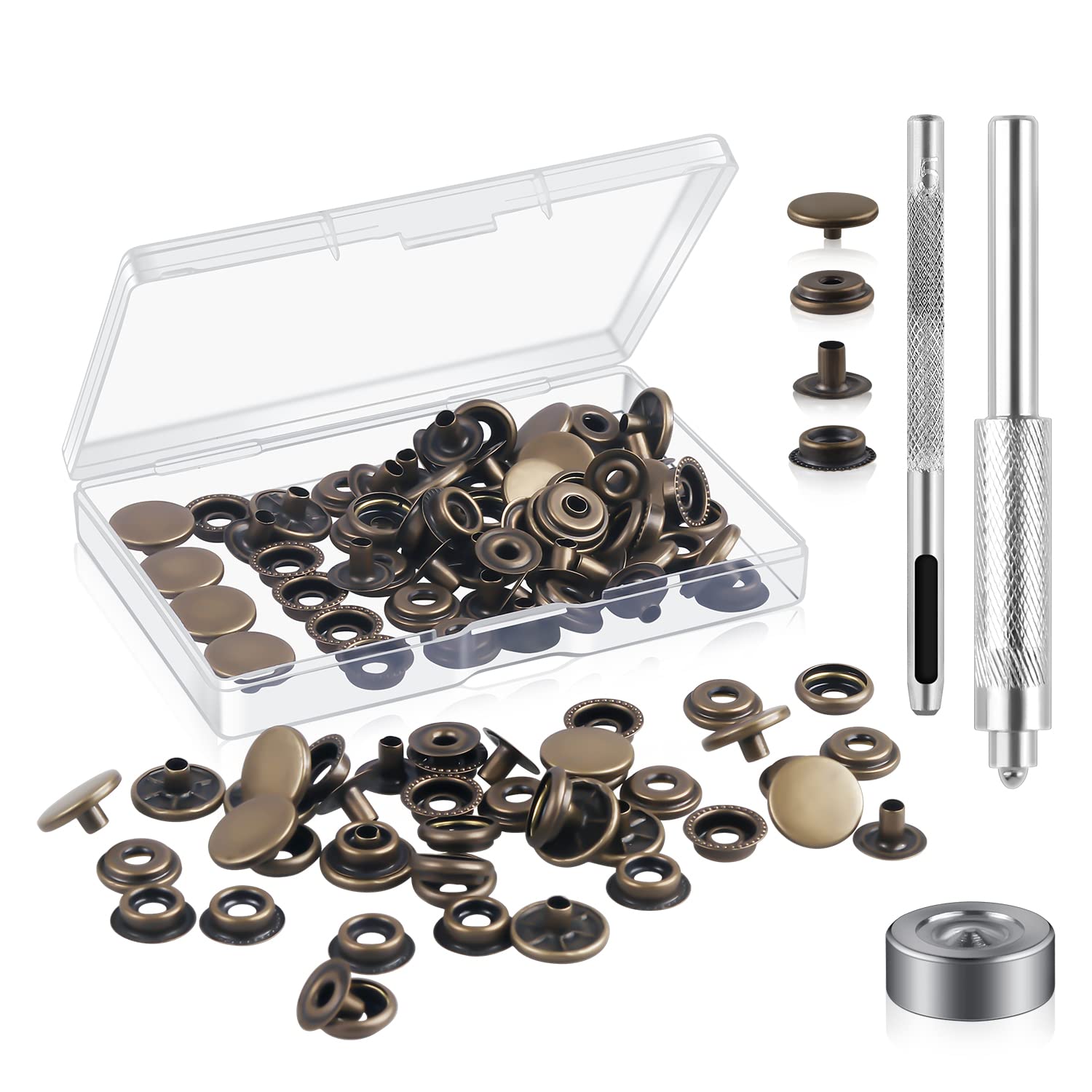 Moocci148 Pieces 15MM Snap Fastener Kit Tool Snap Button kit Snaps for Leather Leather Snaps and Fasteners Kit for Leather Marine Grade Stainless Steel Snaps for Bag, Jeans, Clothes, Fabric