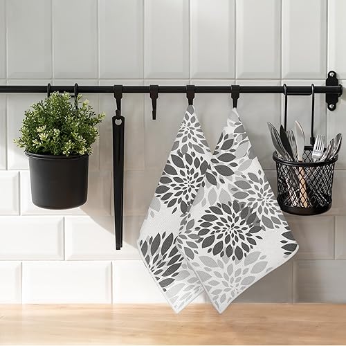 Miniatura 5 de Juego de 2 toallas de cocina florales vintage gris y negro, 18 x 28 pulgadas, microfibra suave, reutilizable, súper absorbente, juego de 2 toallas