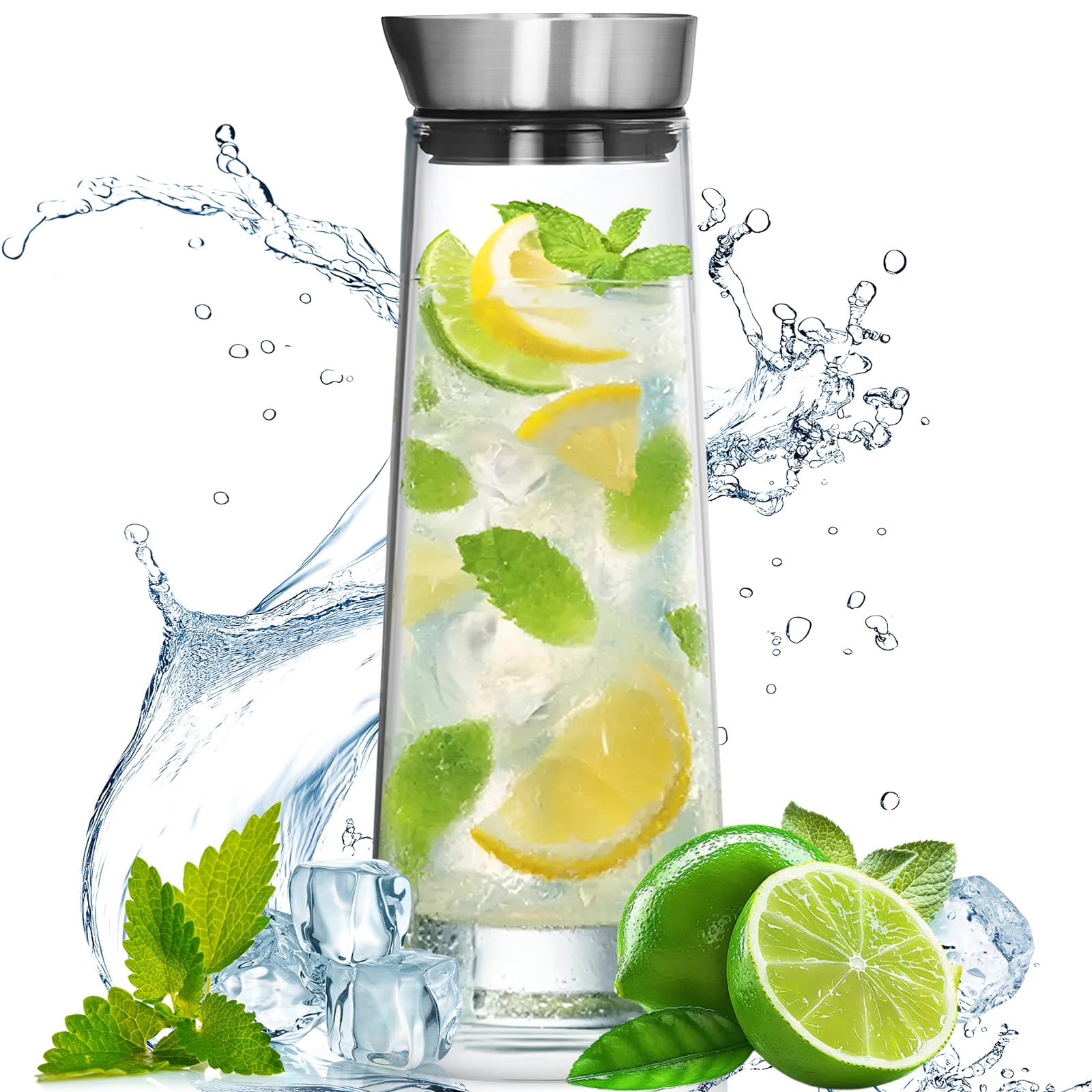 1L Caraffa Vetro con Versatore e Coperchio Acciaio Inox, Bottiglie Borosilicato Resistente, Bottiglia Succo Refrigerante, Brocca Acqua per Latte, Bevande, Ghiacciate, Limonata, Succo Frutta