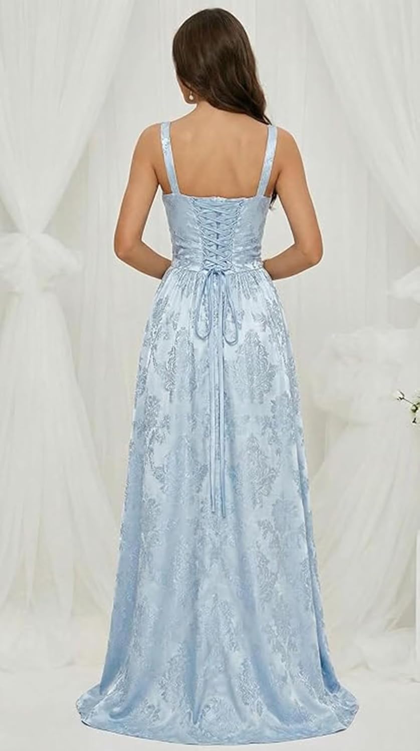 Satin Corset Bridesmaid Dresses for Women Spaghetti Straps Pleated with Slit Wedding Guest Dress