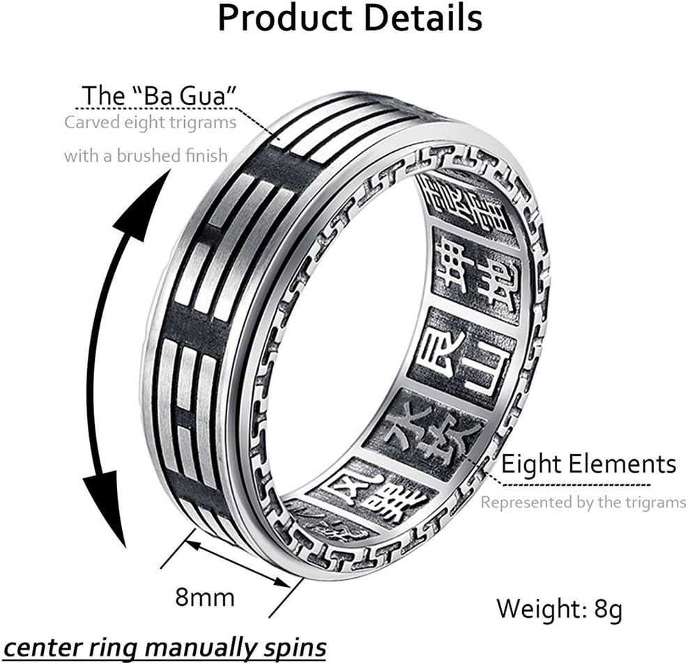 Men's Stainless Steel Vintage Yin Yang Spinner Ring Ba Gua Eight Trigrams Signet Band Amulet 8mm