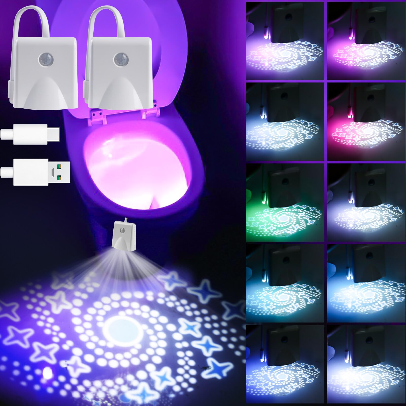BAIFULAI 2 pezzi Luce per WC con sensore di movimento, Luci per WC all'interno, 16 colori Luce notturna per WC con lampada di proiezione, illuminazione d