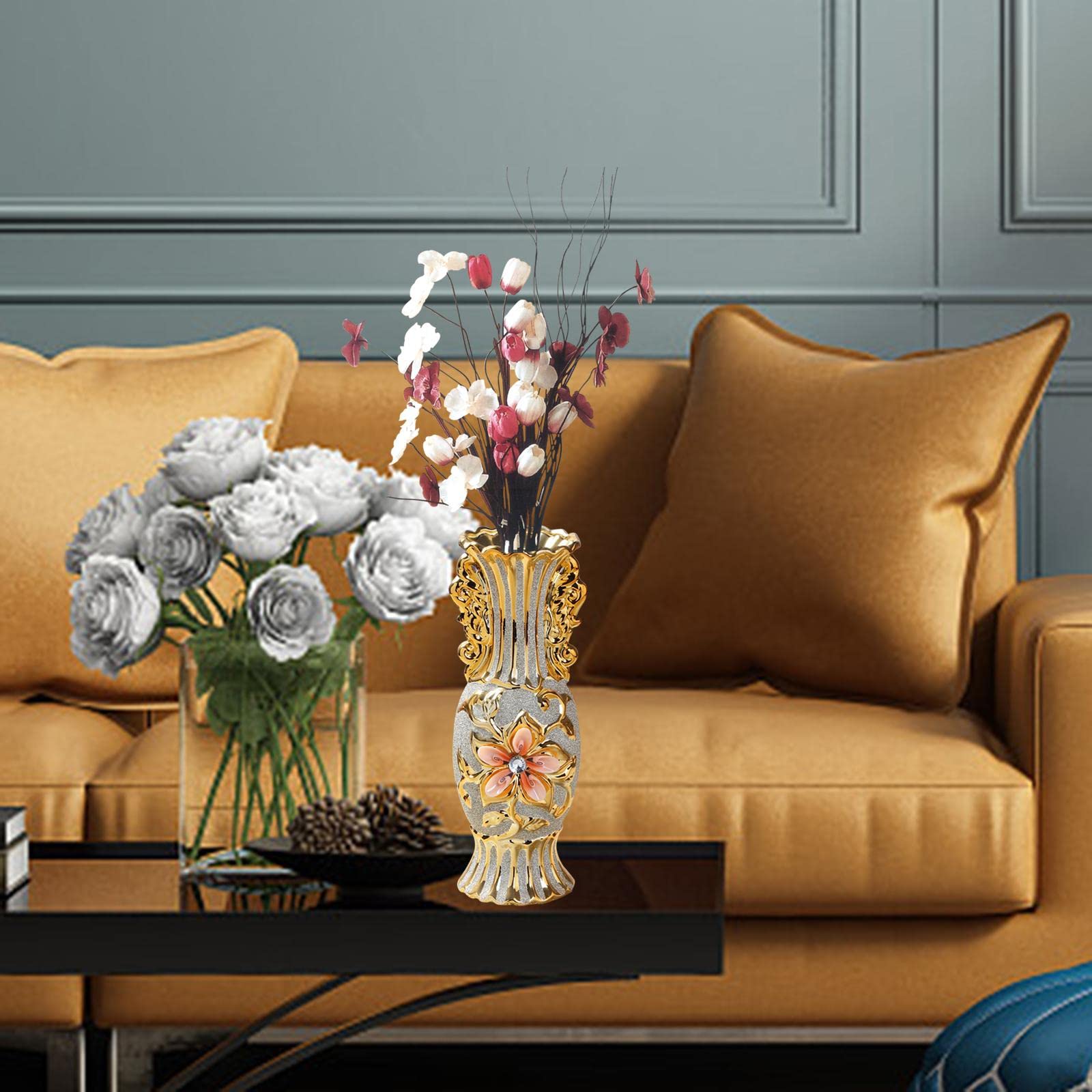 Keramikvase Europäischer Stil Blumenvasen Deko Ornament Tischdeko Goldene Muster Eleganz Aus für Hochzeit Geschenk Wohnzimmer Büro Café Bar Re, StilC