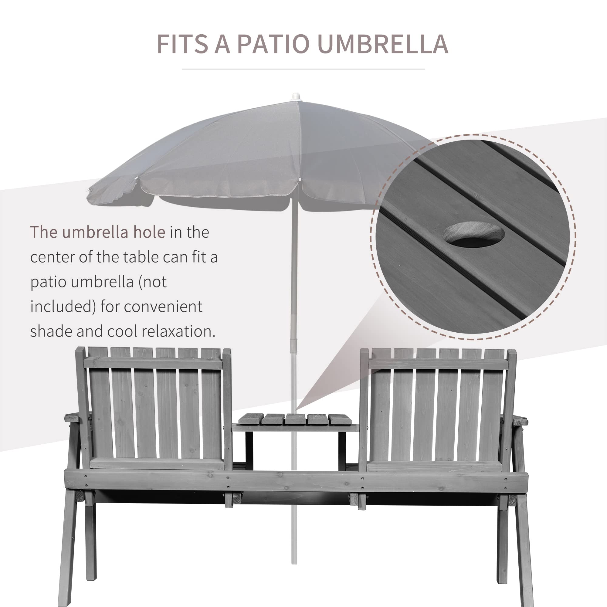 Outsunny Wooden Garden Loveseat, 2-Seater Garden Chair with Table & Parasol Hole, Outdoor Bench for Porch Patio, Grey - Image 4