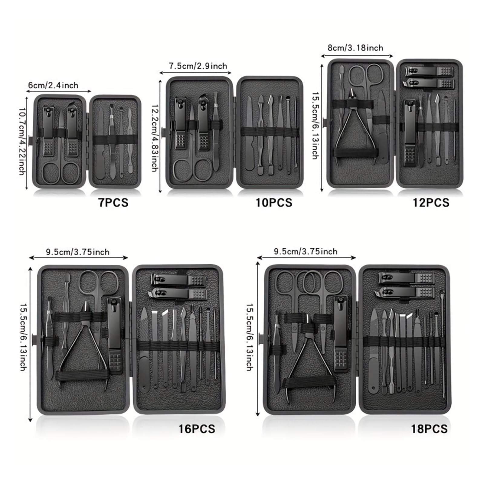 Kit de manicura y pedicura acero inoxidable, tijeras cortaúñas, herramienta aseo con Estuche De Viaje, color negro, 7/10/16/18 Uds(16 PCS SET)