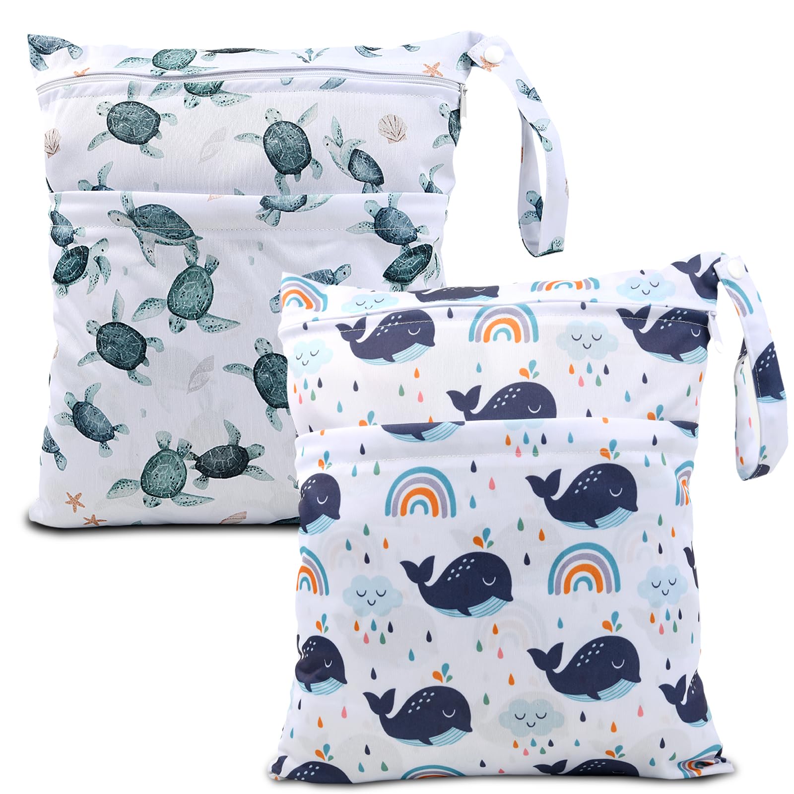 eaxin Wet Dry Bags 2-Pack with Cute Dolphin Print - Waterproof Travel Organizer for Swimming Pool Beach Gym Baby Cloth Diapers Swimwear with Dual