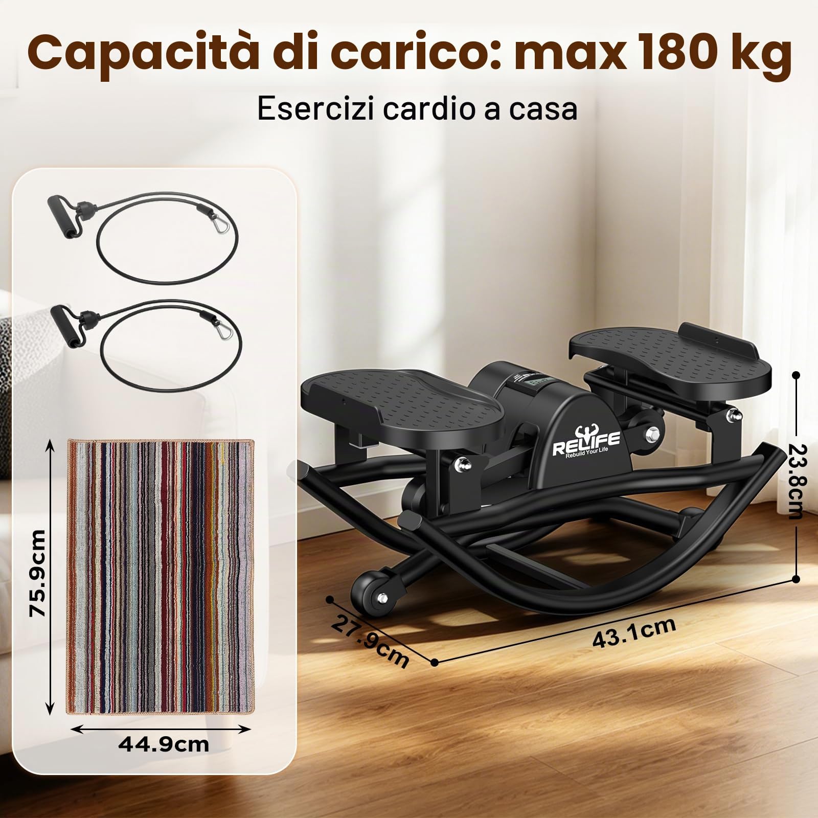 RELIFE REBUILD YOUR LIFE Stepper oscillante per uso domestico Oscillazione laterale Movimento 3D Stepper oscillante a basso impatto per fianchi, gambe e glutei ideale per casa e appartamento