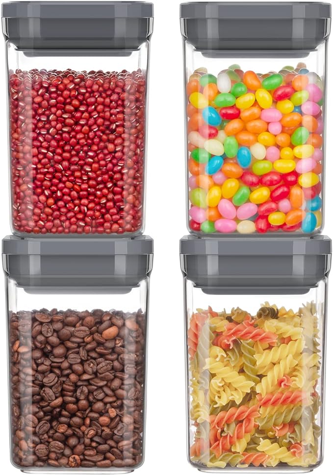 Introducing the Airtight Pantry Organization Container by MR.SIGA, a perfect solution for keeping your food and snacks fresher and drier. Featuring an innovative airtight lid, these containers are ideal for storing candies, rose salt, sugar, beans, spices, and more. This set includes four medium containers, each with a capacity of 1 liter (34 oz), ensuring ample storage space for your kitchen essentials. Measuring 4.2" x 4.2" x 6.3", these containers are not only functional but also make an excellent gift for family and friends who appreciate an organized kitchen.