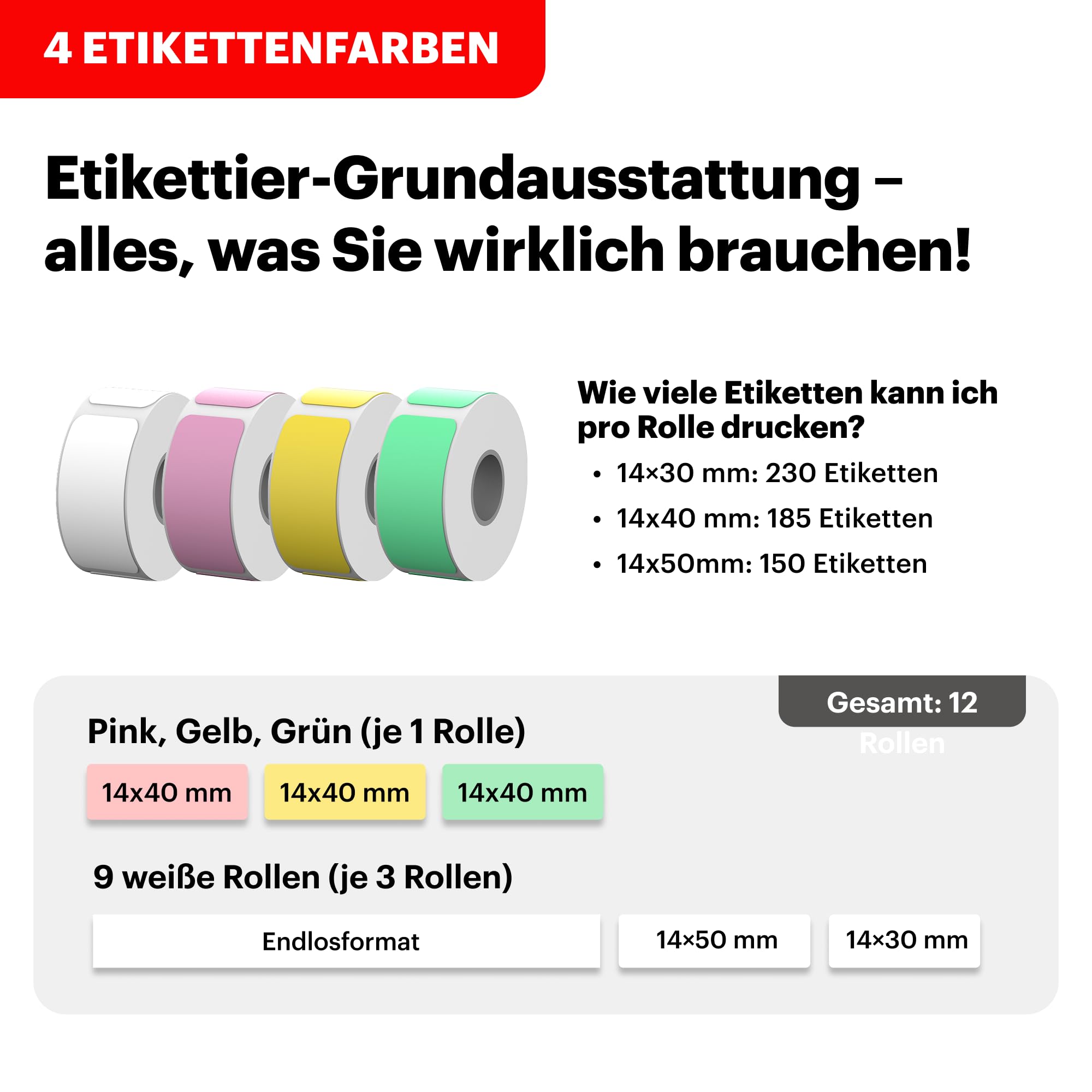 KODAK Label ERA M50 Etikettendruckmaschine, Gelb (Etikettendrucker mit 1 Rolle Aufkleber + 12 Rollen Set, Weiß 9 Rollen, Pink/Grün/Gelb je 1 Rolle)