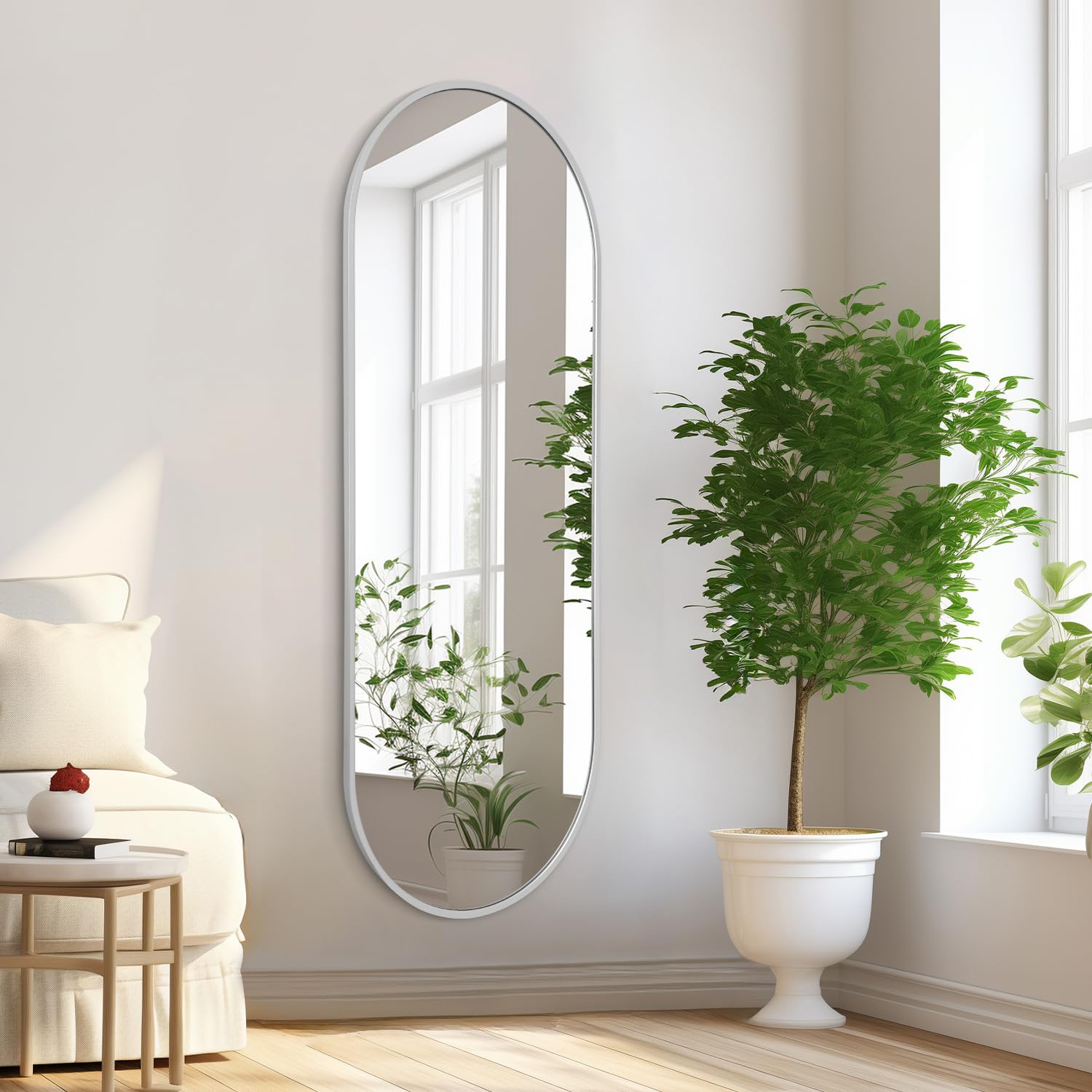 HLFMVWE Oval Full Length Mirror, 120 x 40 CM Wall Mounted Mirror Metal Pill Shaped Aluminum Frame Modern Simple Home Decor Bathroom Vanity Living Room Entryway Decor, LargeSilver