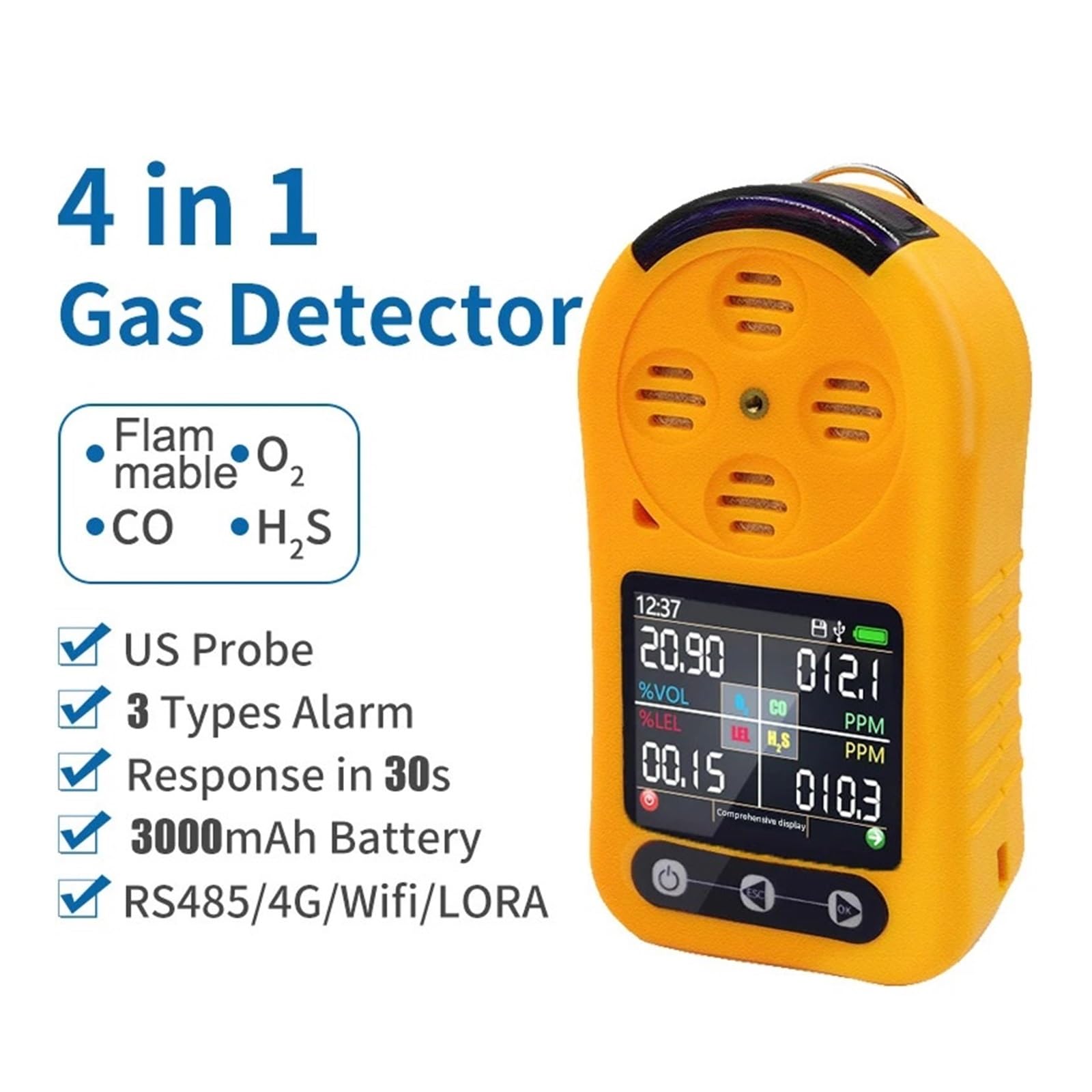 Détecteur de gaz Portable sans Fil 4 en 1 O2 CO LEL H2S avec Alarme et Affichage Temps Réel