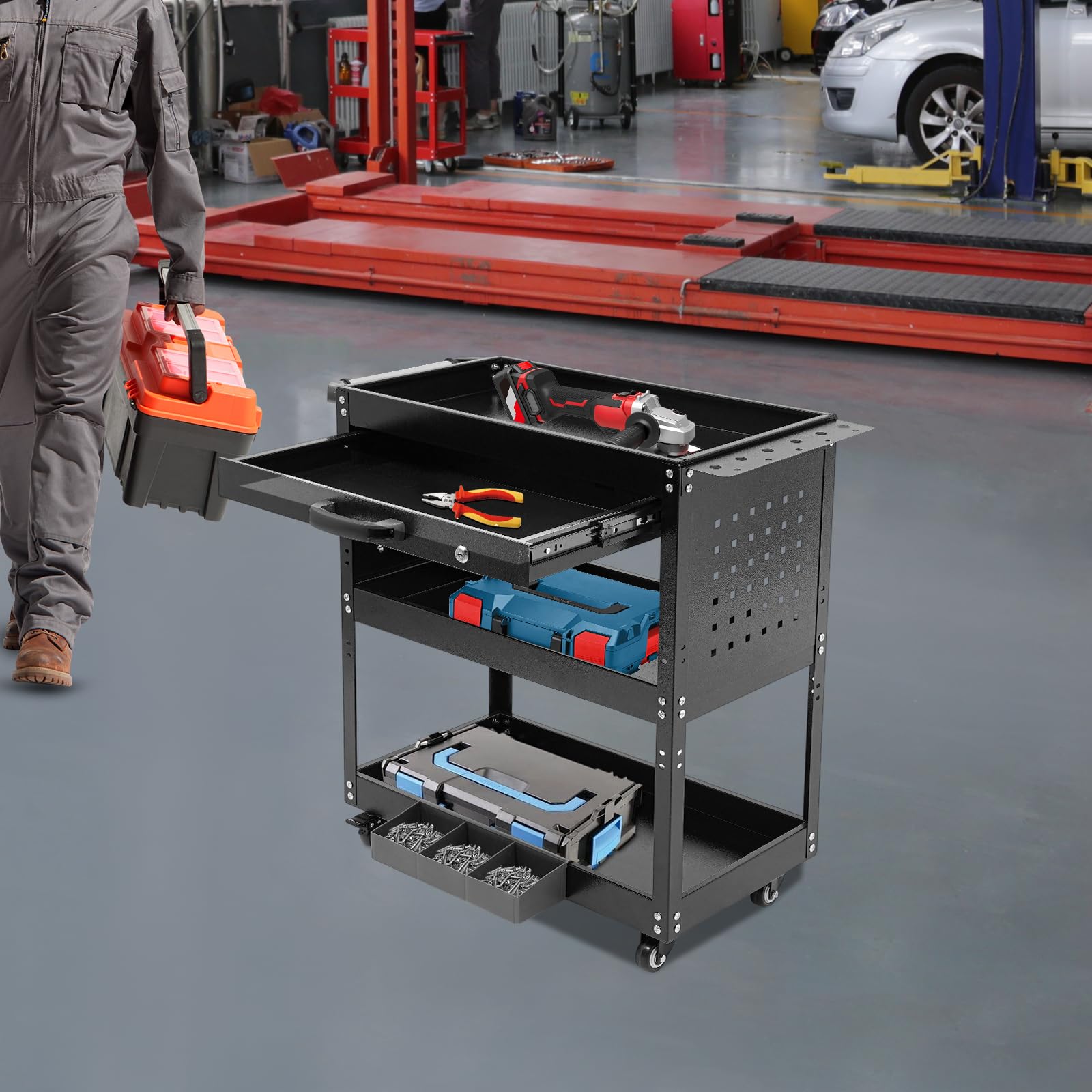 Carrello portautensili vuoto, a 3 piani con cassetto, portata 250 kg, in acciaio blu, 4 ruote (2 freni), per officina, garage e magazzini (nero)