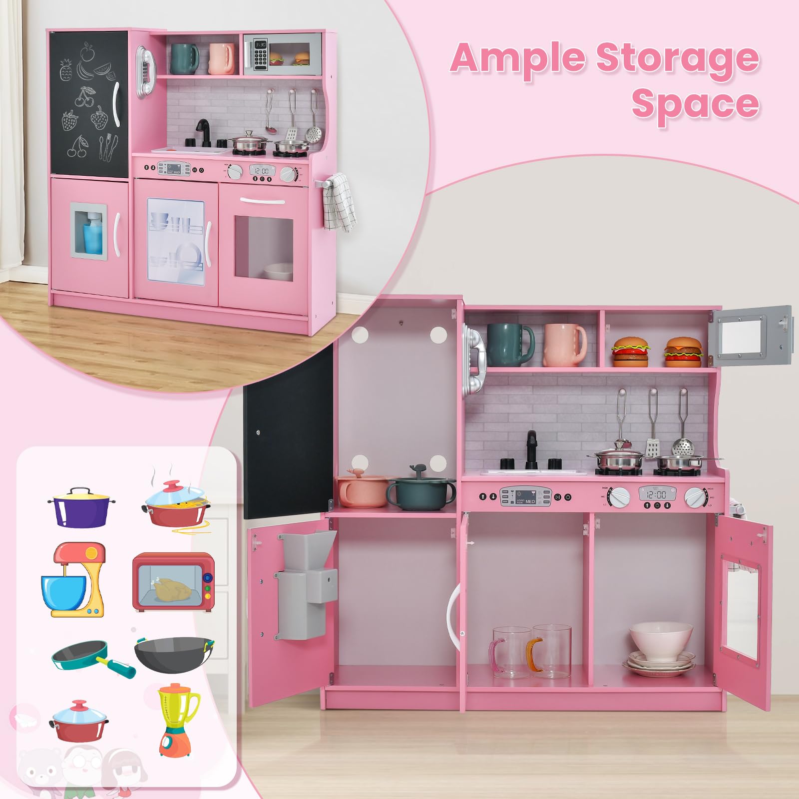 HOMASIS Spielküche mit 10 Zubehör, Kinderküche Holz, Spielzeugküche mit Tafel Spüle Herd Ofen Mikrowelle Eismaschine Telefon, Holzküche Kinderspielküche für Kinder ab 3 Jahre (Rosa)