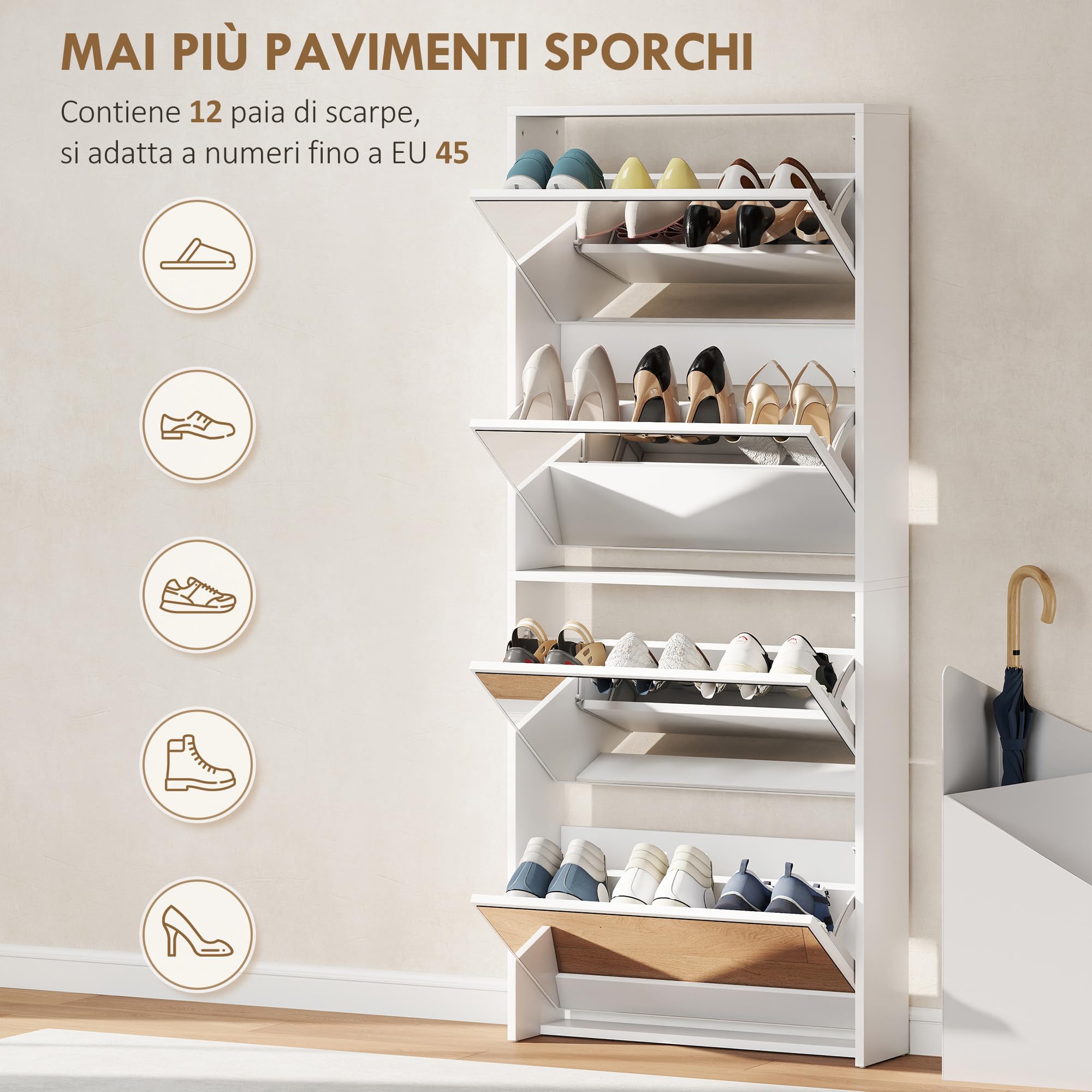 HOMCOM Scarpiera Salvaspazio Slim con Maniglia, per 12 Paia, Bianco | 4 Ante a Ribalta a Specchio, Scarpiera Ingresso, Piano Superiore, Porta Scarpe, 63x17x146 cm,