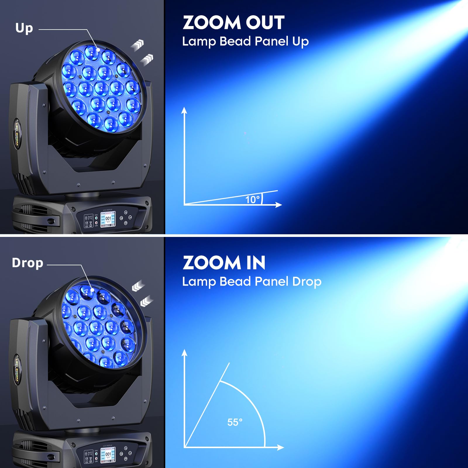 2 Pezzi con Flightcase 19x15W LED RGBW Teste Mobili, Wash Zoom 540°X/270°Y Rotazione d-mx512 Controllo Vocale Auto-Calibrazione per Palcoscenico Club Teatro Festa DJ