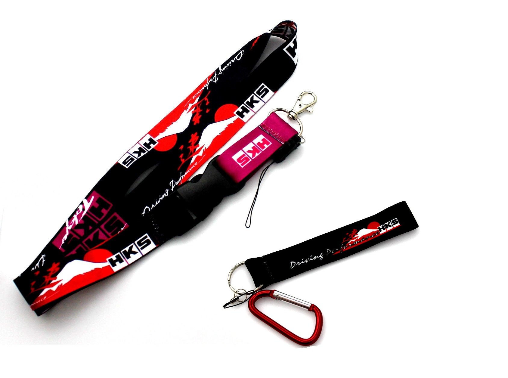 JDM Combo New HKS Lanyard + HKS Wrist/Palm Cell Holders Key Chain Carabiner with RED Hook