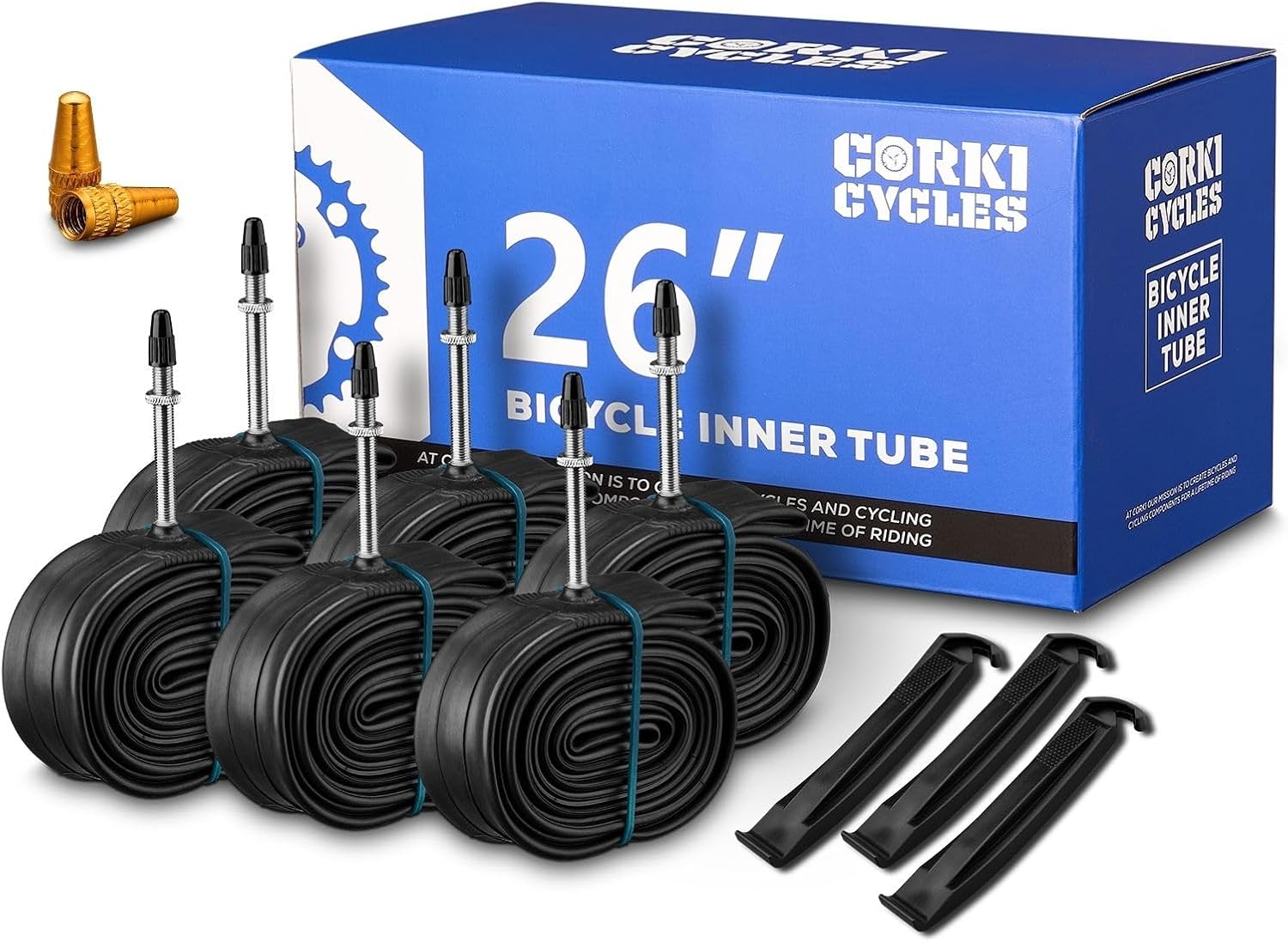 Corki Cycles 26 Mountain Bike Tubes 26″ x 1.75 1.95 2.0 2.1 2.125 2.25 2.3 2.4 (Schrader Valve 32mm/ Presta Valve 48mm) 6 Pack