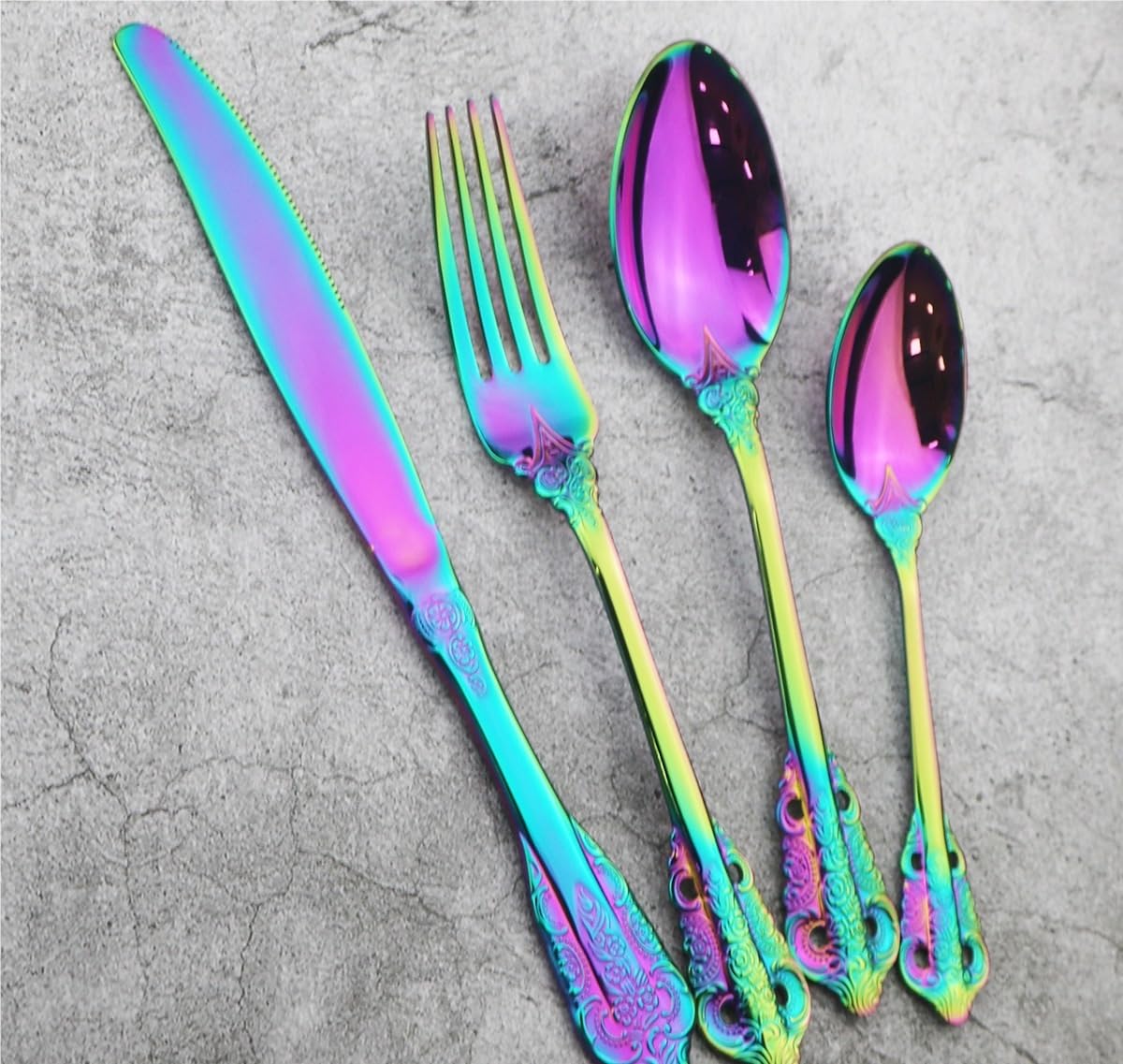 Silverware Flatware Cutlery Set, 4/16/24/32/40/48 Pieces 304 Tableware Gold Thickened Knife, Fork And Spoon Embossed High-end Stainless Steel Tableware Set (Color : Rainbow, Size : 1Set-4P