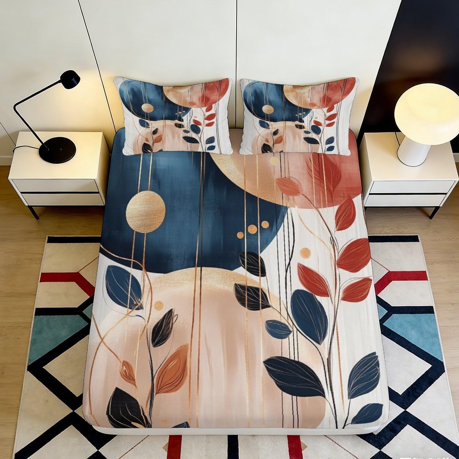 3D Printed Abstract Leaf Fitted Sheet Microfiber Elastic Hem Deep Pocket Abstract Mattress Fitted Cover Washable for Bedroom 140x200x25cm