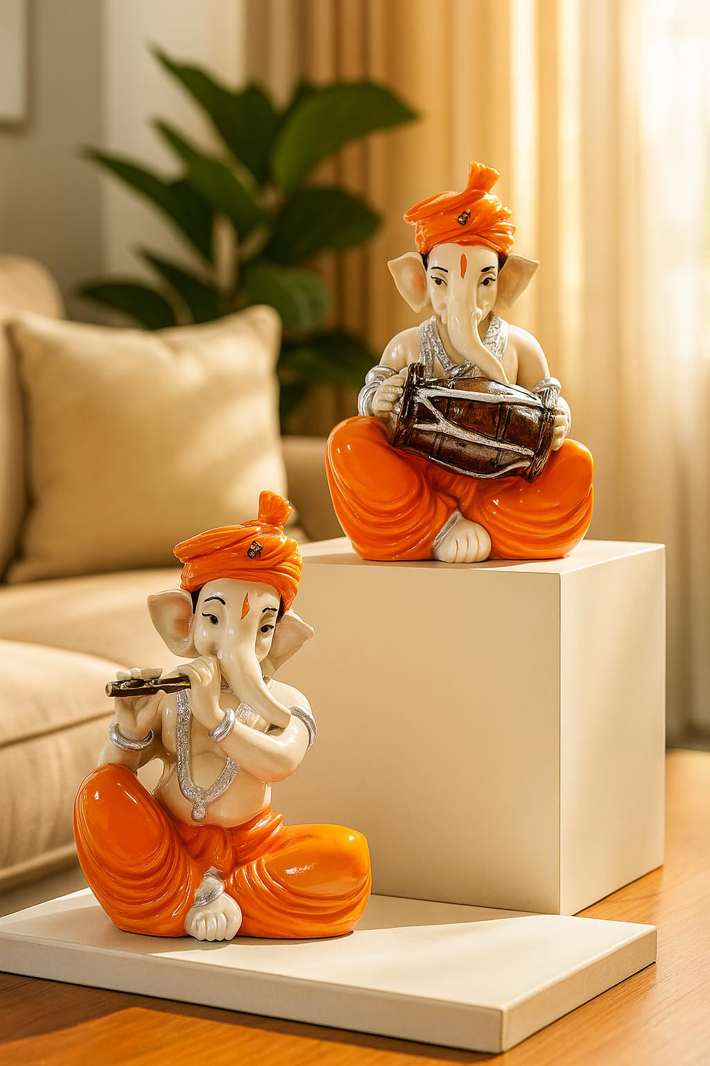 Xtore Musical Ganesha Pair for Home Decor Handicraft Resin| Brings Prosperity - (Orange and White, Pack of 2)(Resin)