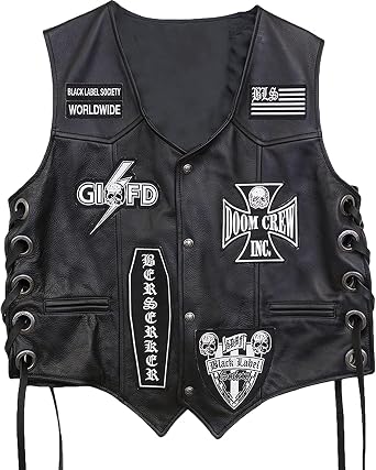 Mens Black Label Society Genuine Leather Skull Patches Biker Motorcycle Vest Sleevless Jacket