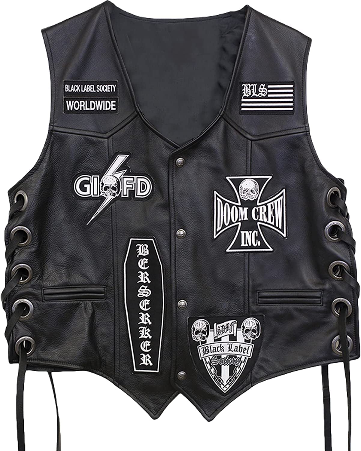 Black Label Society - Gilet da motociclista in vera pelle, con toppe a forma di teschio