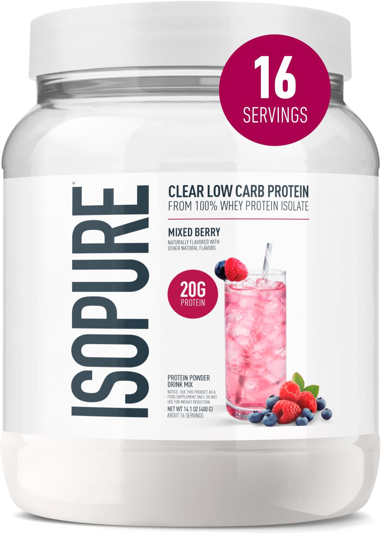 Protein Powder, Clear Whey Isolate Protein, Post Workout Recovery Drink Mix, Gluten Free with Zero Added Sugar, Infusions- Mixed Berry, 16 Servings