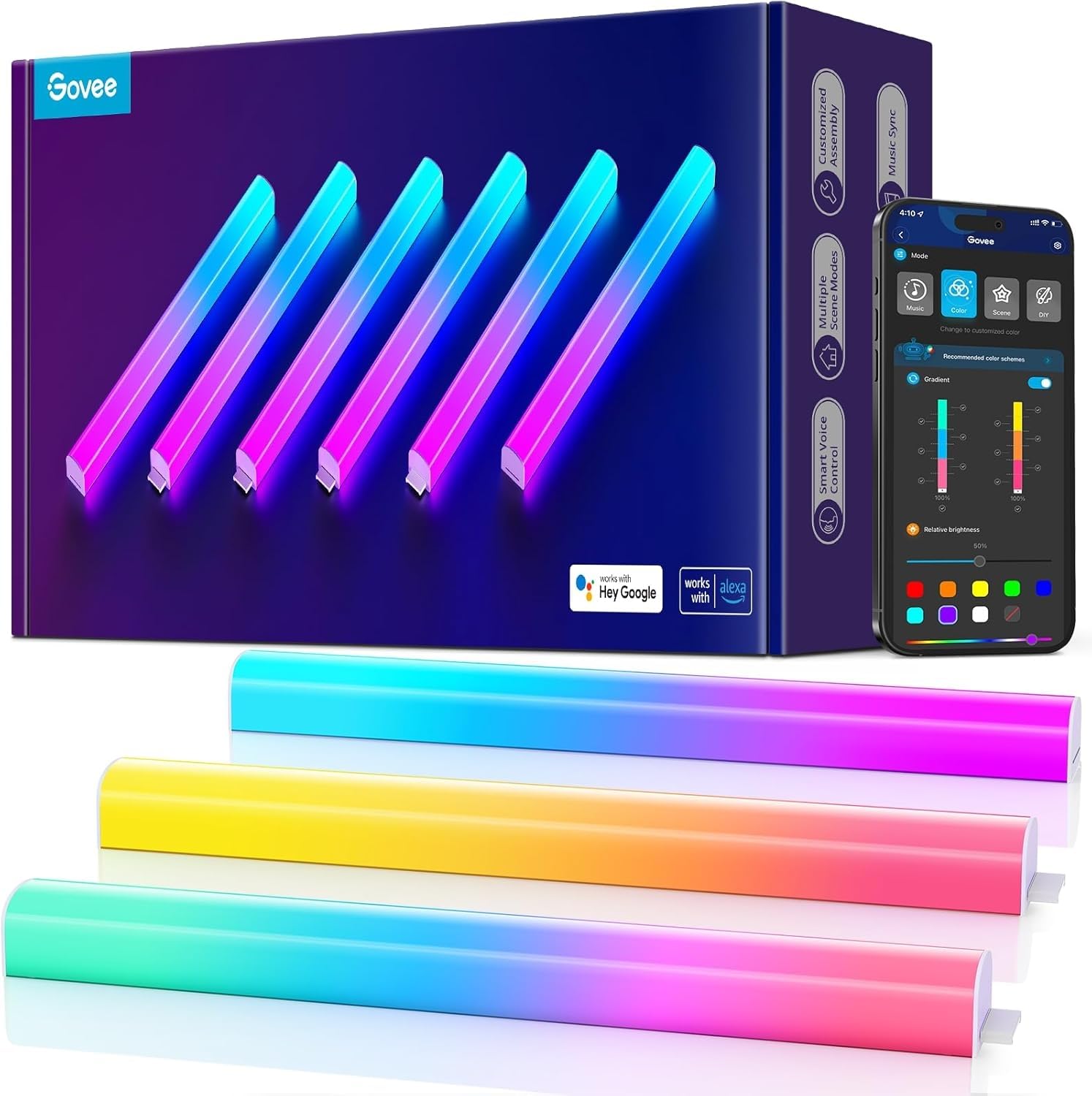 Govee Glide LED Kinkiety ścienne, RGBIC, współpracuje z Alexa i Google Assistant, inteligentne listwy świetlne Glide Lively do pokoju gier, wielokolorowe kinkiety, 6 szt