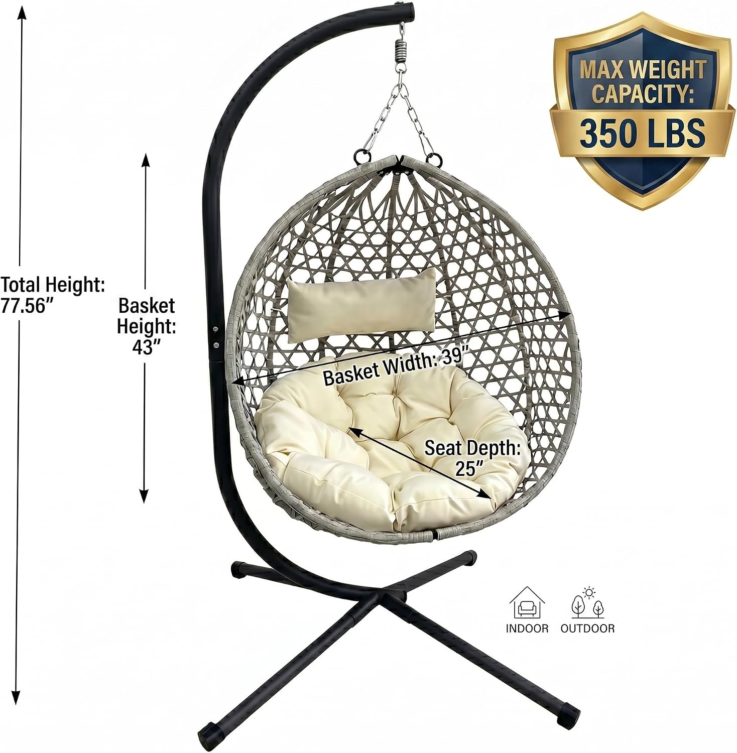 KEIKI Hanging Egg Chair with Stand, Folding Patio Hammock Swing Chair with Cushion, Patio Swing Basket Chair for Balcony, Backyard, Garden, Beige+Gray image 5
