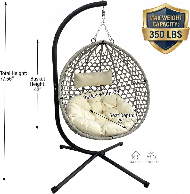 KEIKI Hanging Egg Chair with Stand, Folding Patio Hammock Swing Chair with Cushion, Patio Swing Basket Chair for Balcony, Backyard, Garden, Beige+Gray image 5