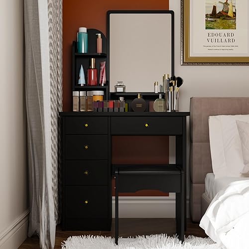 Miniatura 8 de Hitow Juego de tocador de maquillaje de 53.5 pulgadas con cajón y estante, tocador para niñas con espejo, mesa de tocador de maquillaje con