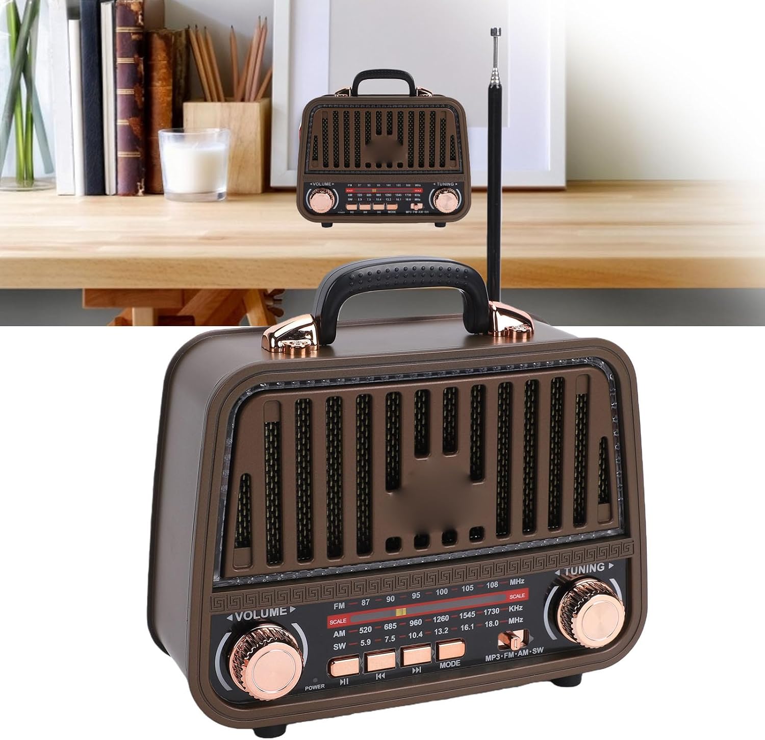 Zunate Retro Bluetooth Speaker AM FM SW Radio, Rechargeable Vintage Wireless Speaker with Telescopic Antenna, FM AM Shortwave Radio, USB Music Player Home Travel Camping