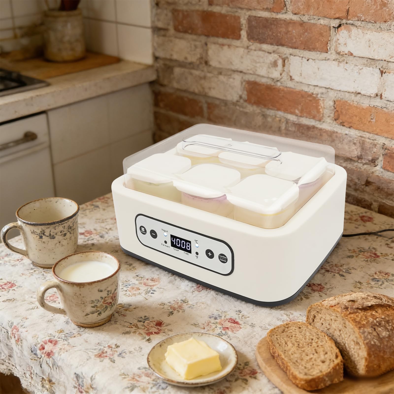Yogurtera automática de 25 W con tapa, incluye 6 recipientes de cristal de 250 ml para hasta 1,5 l de yogur, yogurt con temperatura 21 – 48 °C