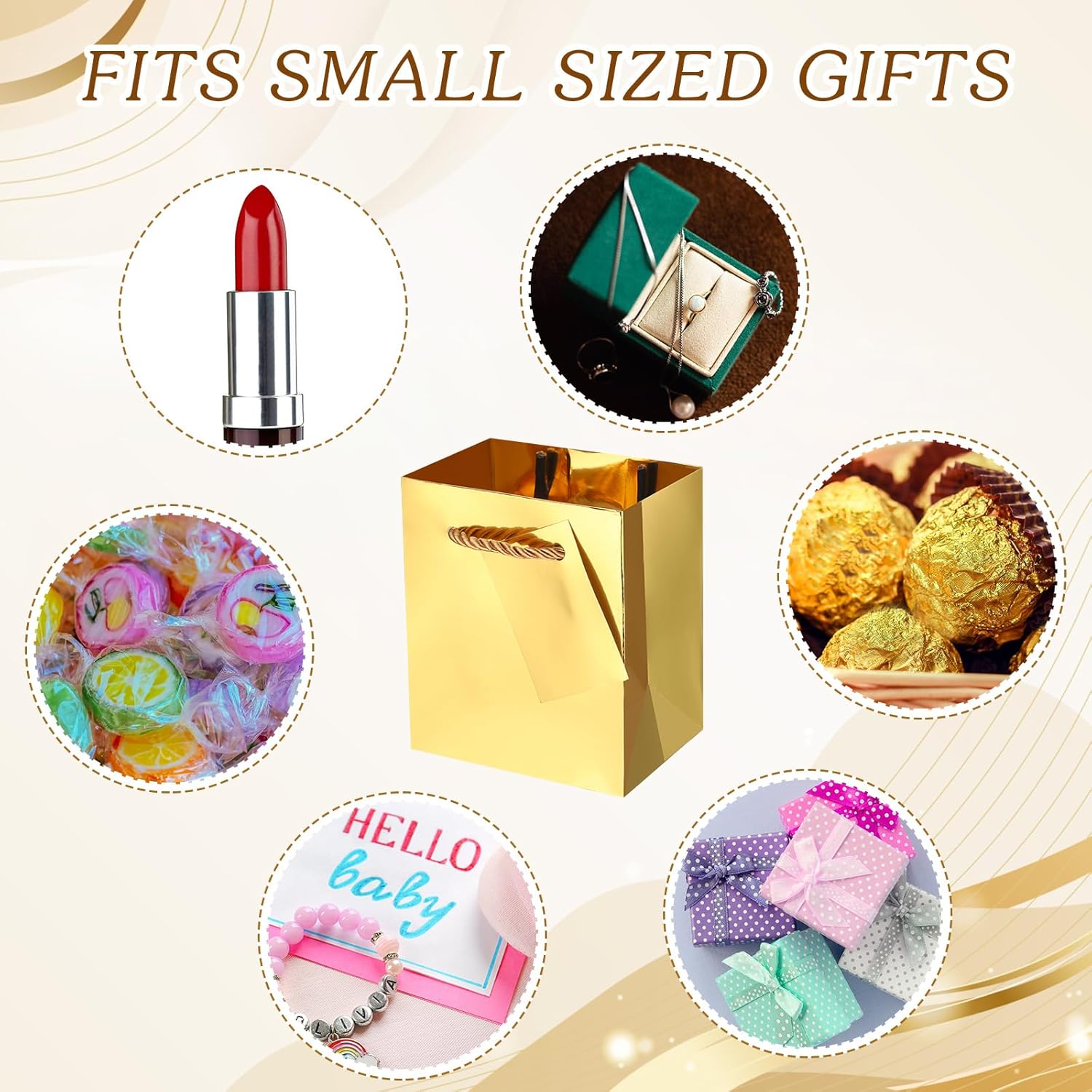 Nuanchu 50 Pcs Mini Gift Bags Bulk, 4 x 2.75 x 4.5 Inch Paper Bags with Gift Tags, Extra Small Metallic Paper Totes with Handles for Birthday Weddings Baby Showers Party Favors(Gold) - Image 6
