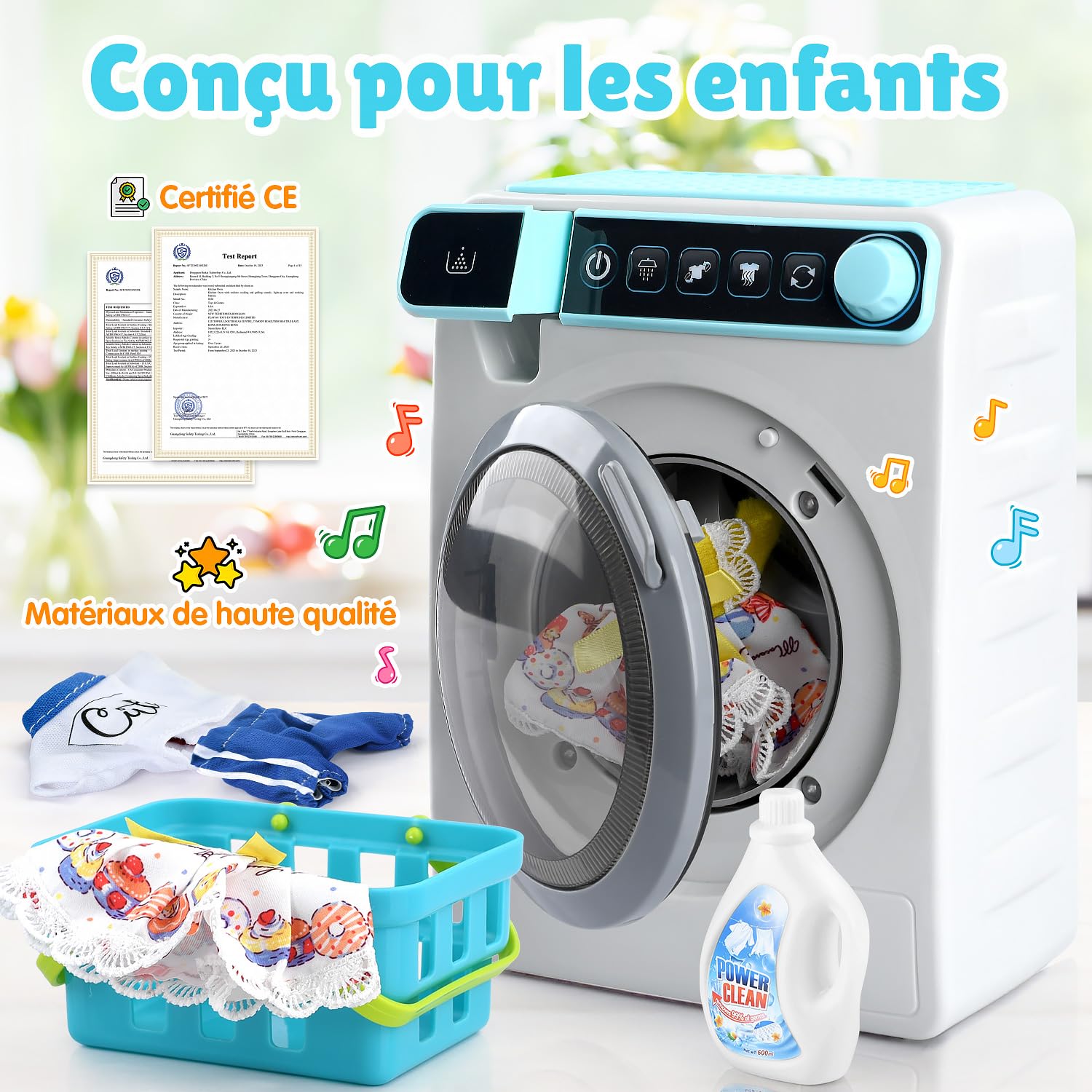 Play Machine A Laver Enfant, Électroniques Machine À Laver Jouet avec Sons Réalistes, Vêtements, paniers à Linge et Accessoires de Nettoyage, Jouet Menage Enfant pour Enfant 3-12 Ans