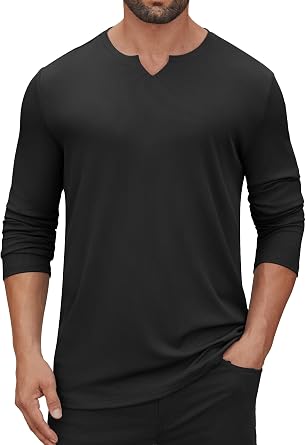 Hardaddy Mens V Neck Long Sleeve Ribbed Casual T-Shirt Classic Basic Solid Tee Shirts