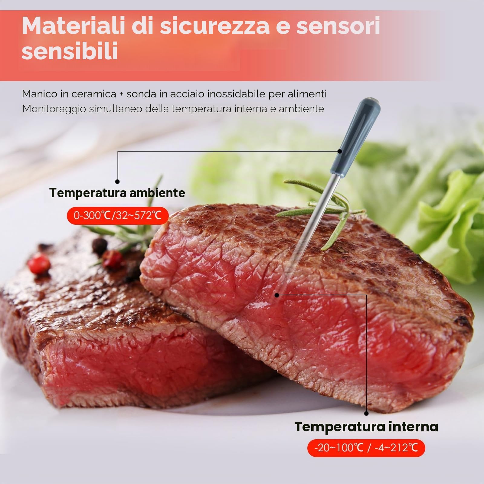 Zeerkeer Termometro Bluetooth del Segnale a 50 m,Senza Fili Termometro Cucina Per Forno,Grigliate,Barbecue,Stufa,Monitoraggio Remoto di Termometro Intelligente,App Italiano Compatibile per IOS/Android