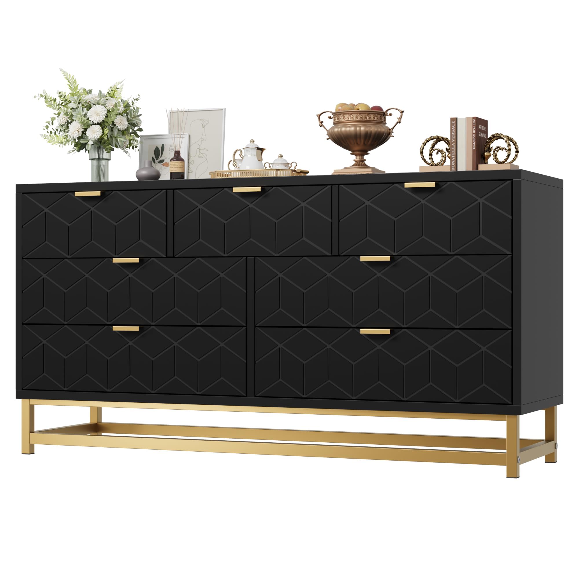 IDEALHOUSE Dresser for Bedroom, 53.5” Wide Dresser Organizer, 7 Drawer with Golden Metal Handle and Legs, Large Modern Chest of Drawers for Closet, Hallway, Living Room, Entryway, Black